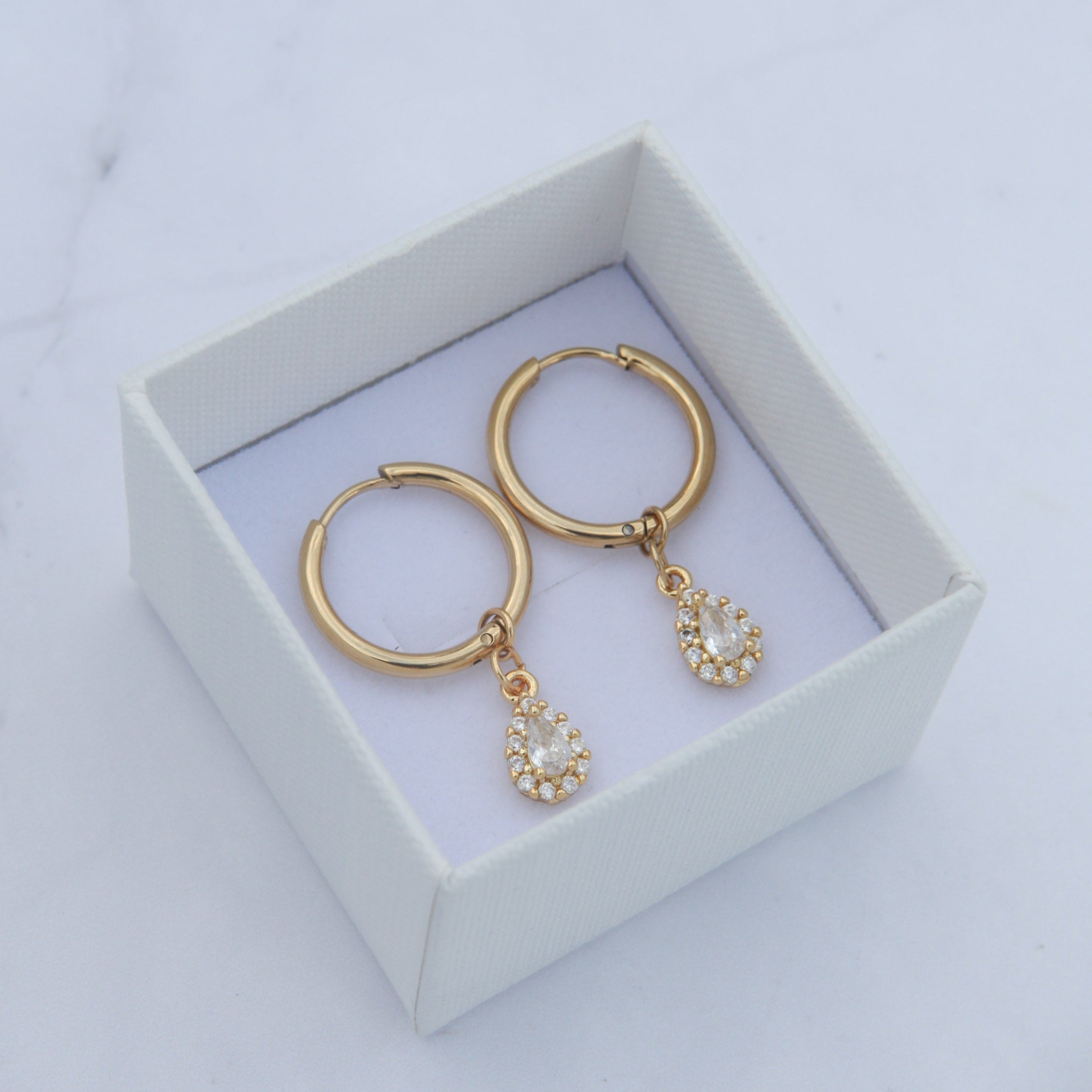 Hayden - 18k Gold Zirconia Drop Hoop Earrings - Camilla Dovey Jewelry